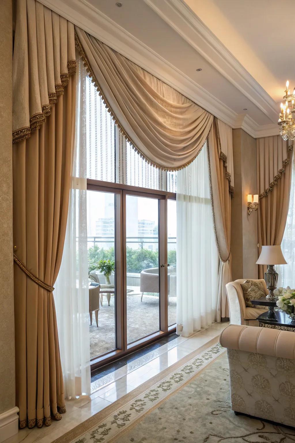 A window with a layered fabric valance in an elegant living room.