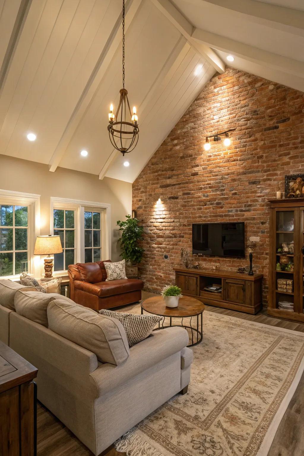 Living room with vaulted ceiling and exposed brick accent wall