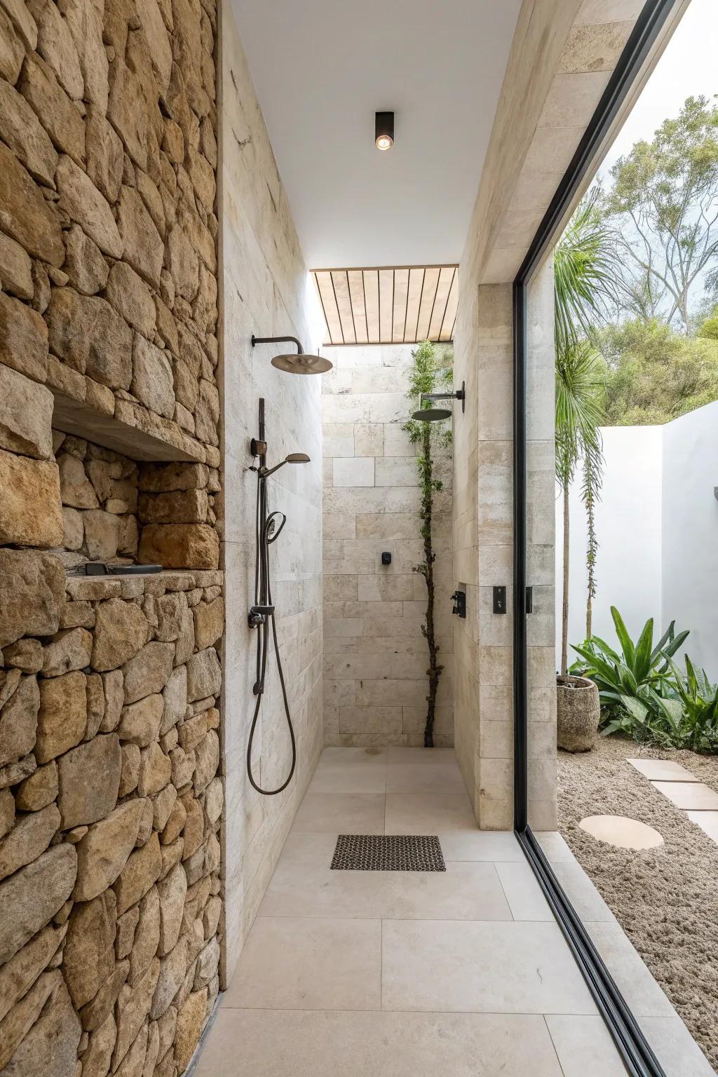 Shower with natural stone dividers and open design.