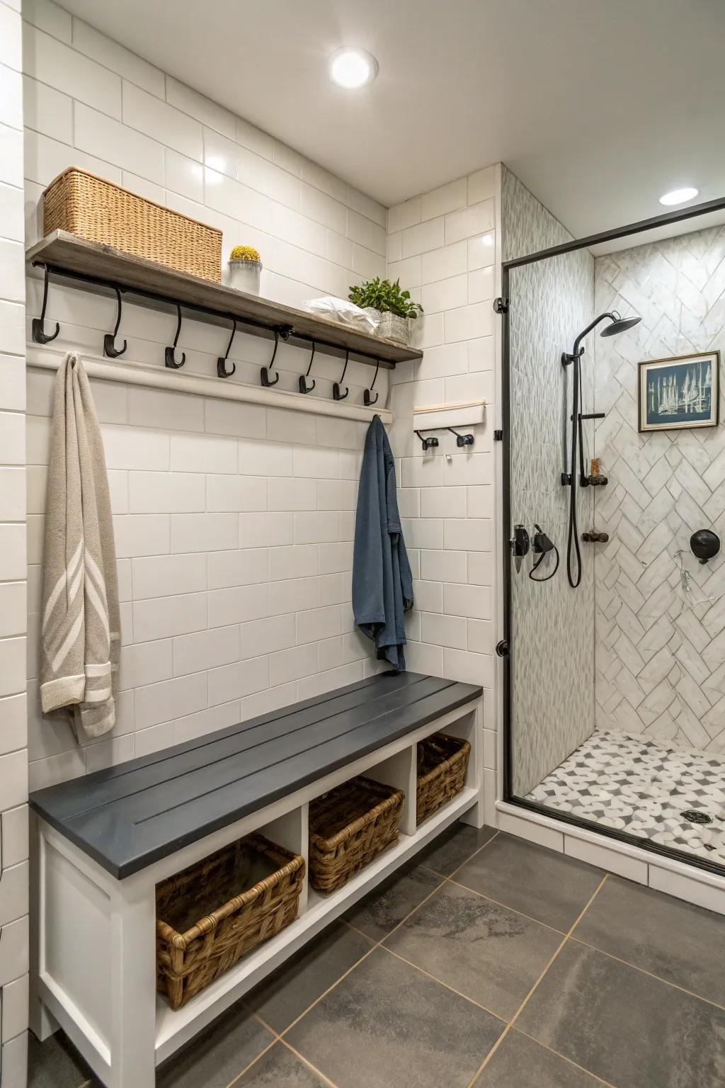 A multi-purpose bench with hooks offers practical storage within the shower.