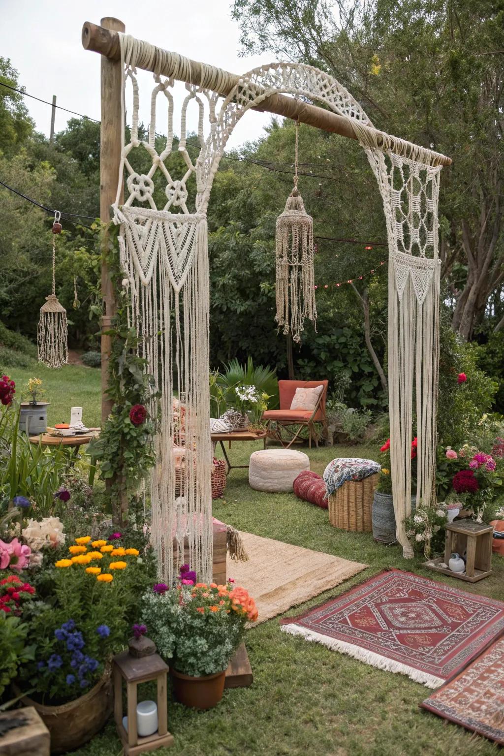 Macramé arches add a touch of bohemian bliss and creativity to gardens.