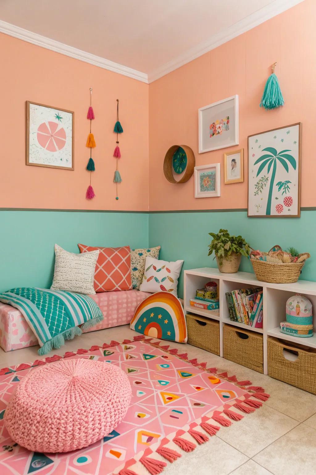 Playful and cheerful with peach walls and turquoise trim.