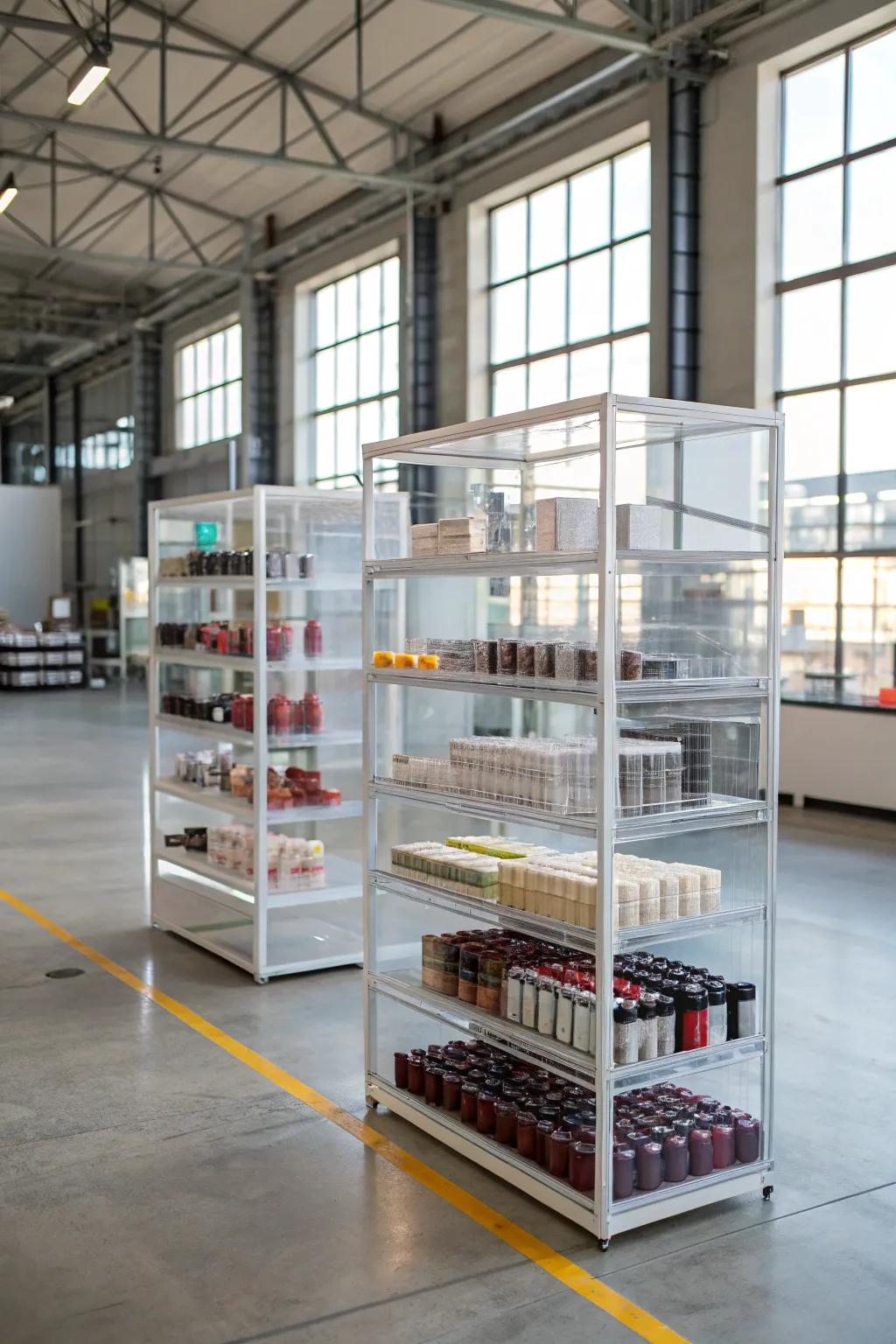 Transparent shelving provides visibility while maintaining a sleek look.