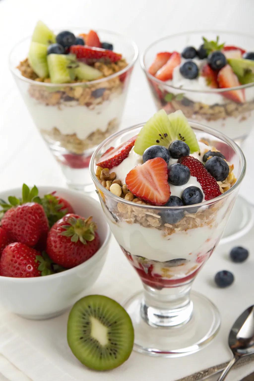 A nutritious and visually appealing yogurt parfait with fresh fruit and granola.