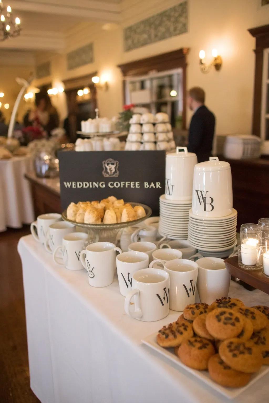 Monogrammed mugs for guests at a wedding coffee bar.