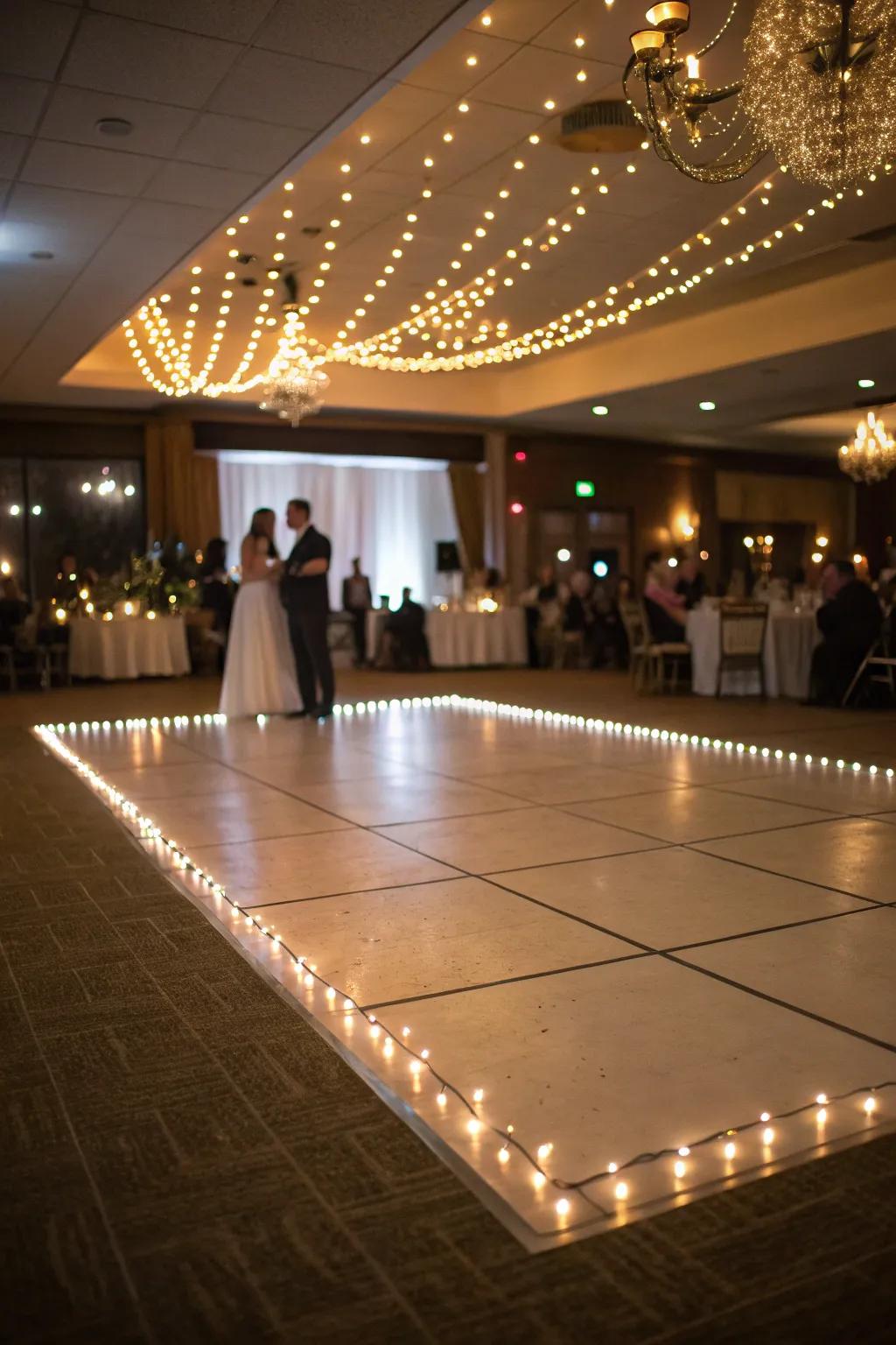 A wedding dance floor creatively outlined with string lights, adding a magical touch.