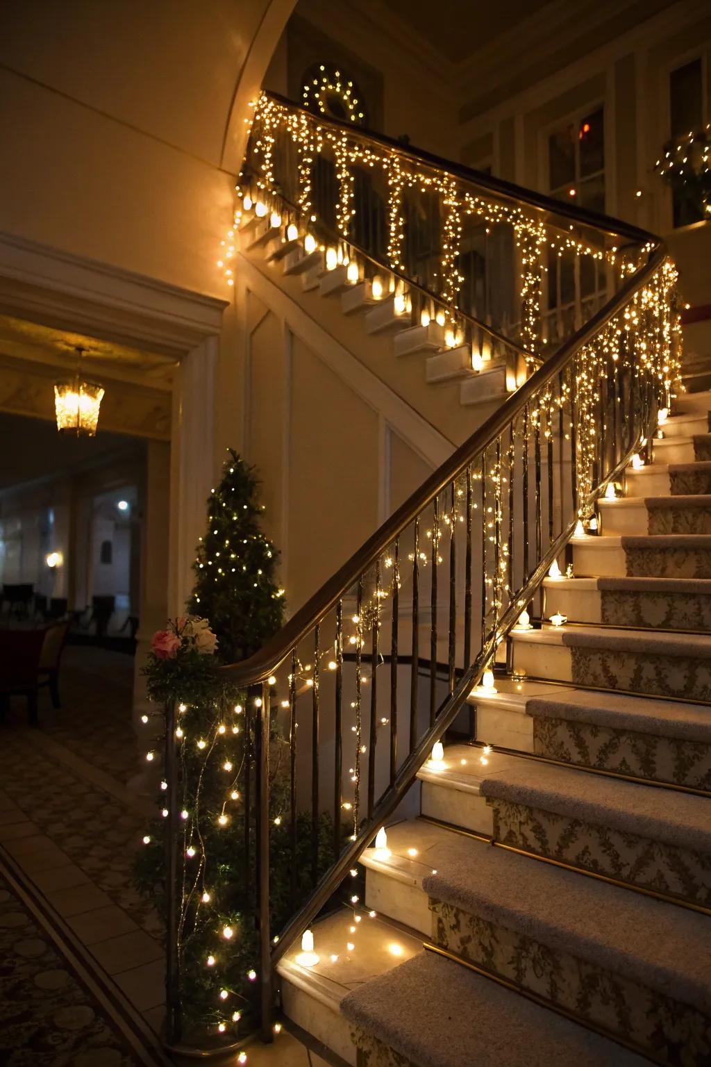 Twinkling lights turn this staircase into an enchanted evening setting.