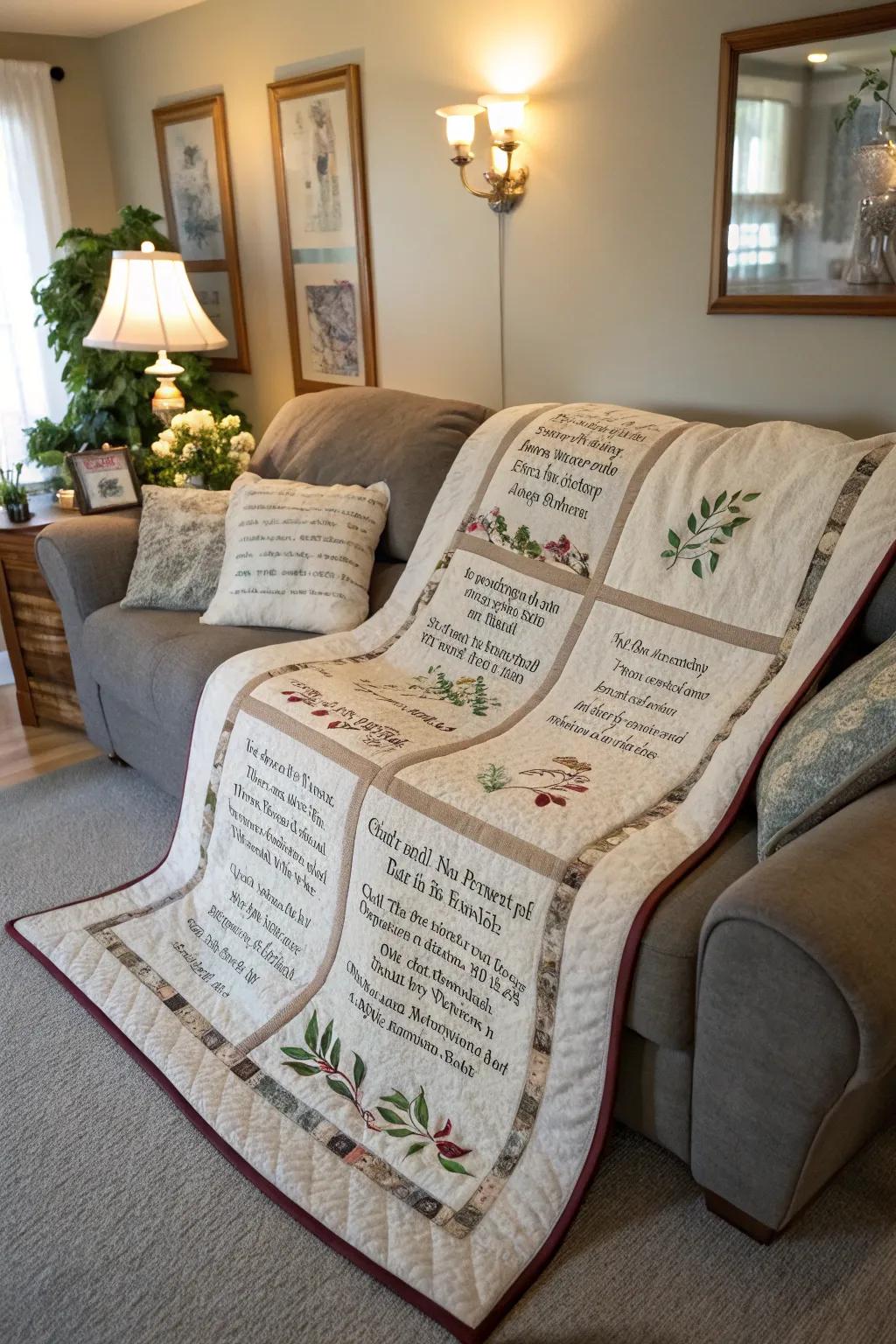 Cozy quilt with stitched vows perfect for snuggling.