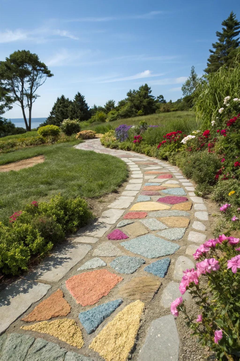 Colored sand adds a playful and artistic touch to flagstone paths.