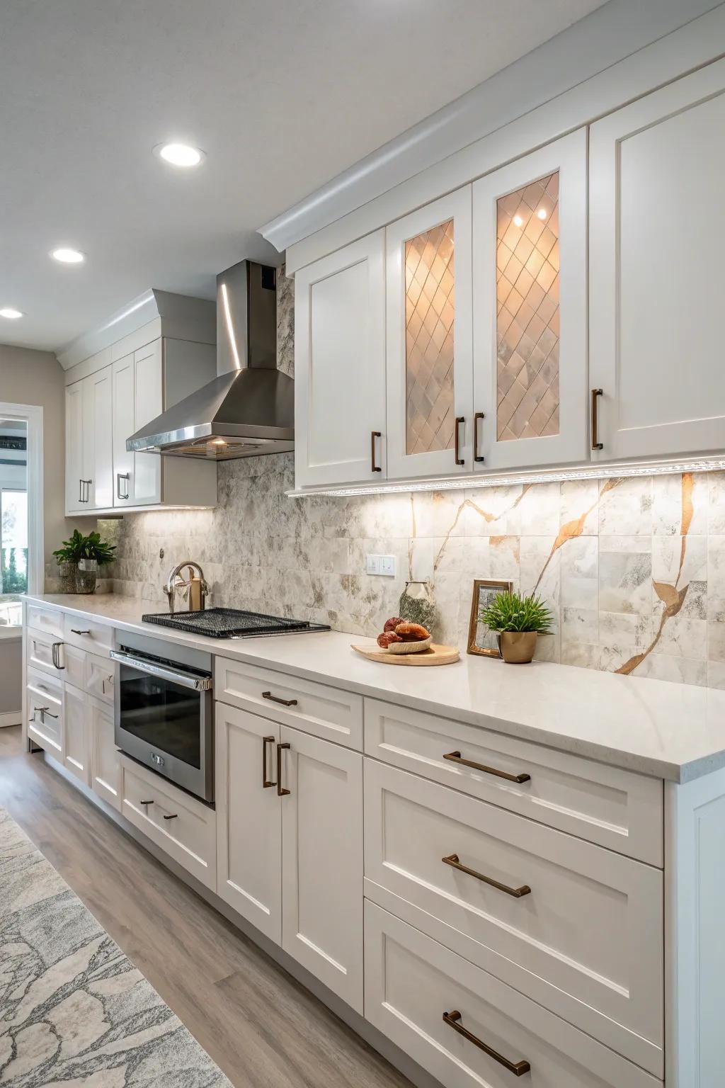 Quartz backsplash with subtle color variations for added depth.