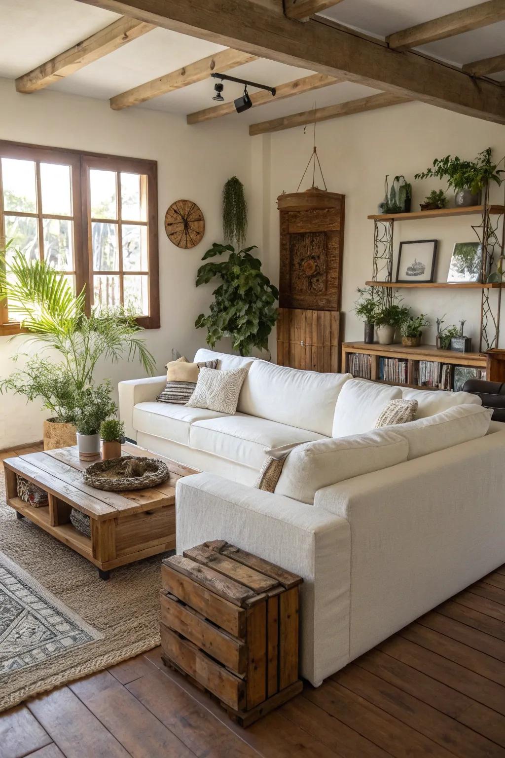 Eco-friendly elements bring character to a living room with a white sectional.