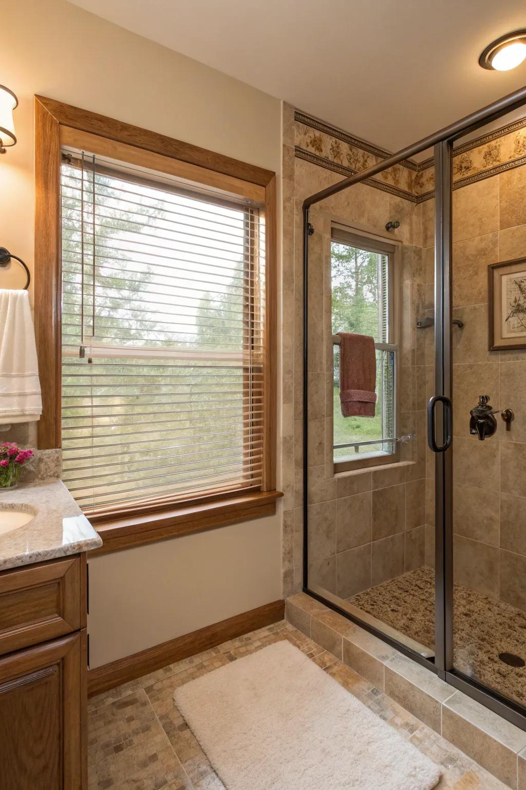 Interior blinds provide adjustable light and privacy for the shower window.