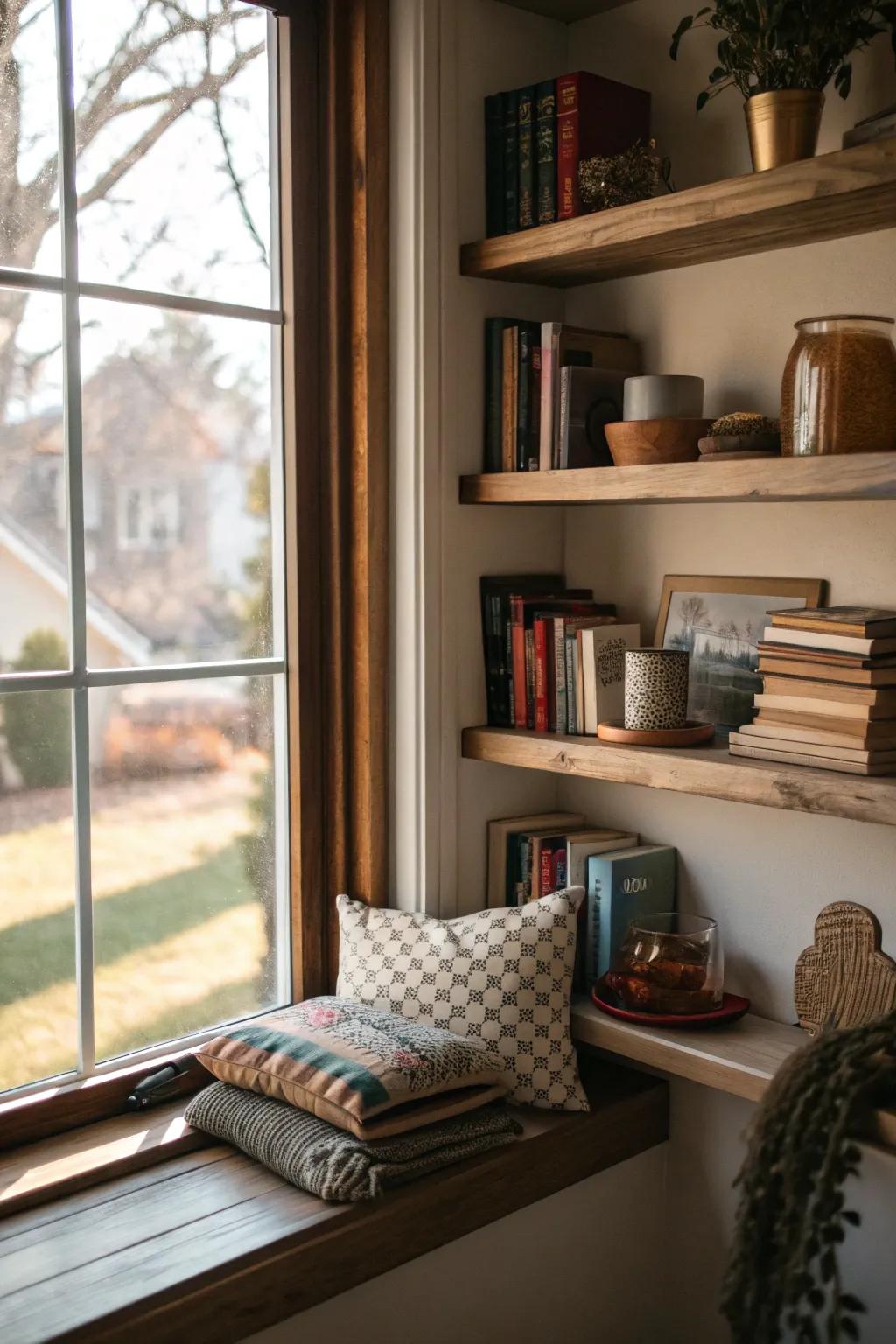 Floating shelves add both functionality and style to your window nook.