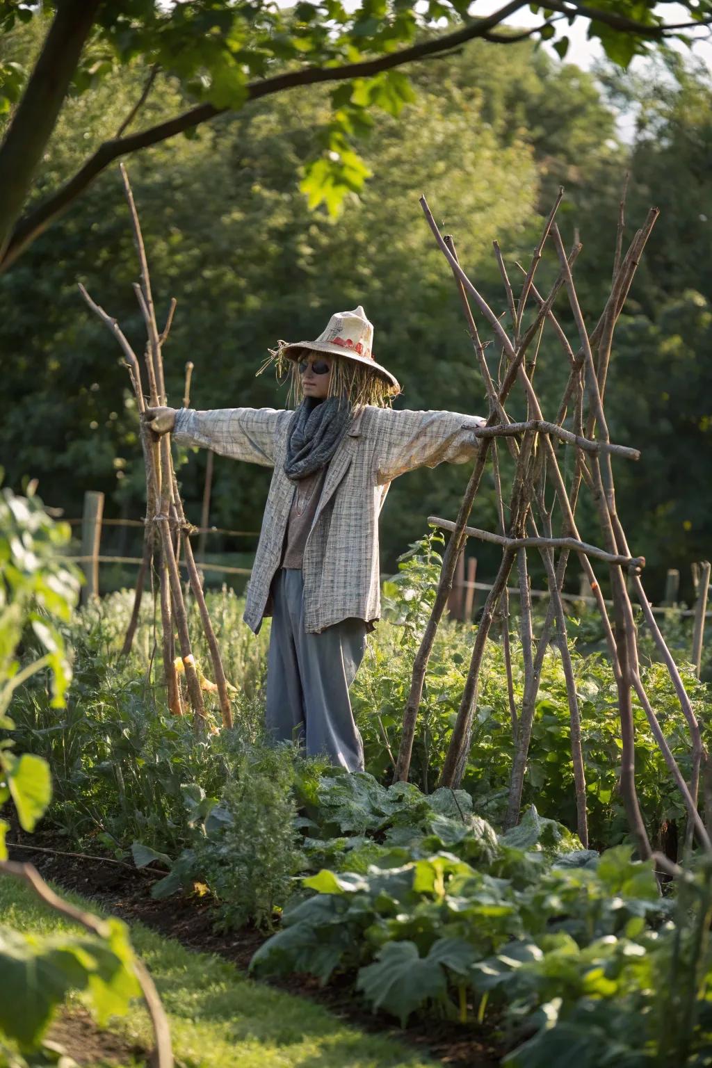 A nature lover scarecrow blending with the environment.