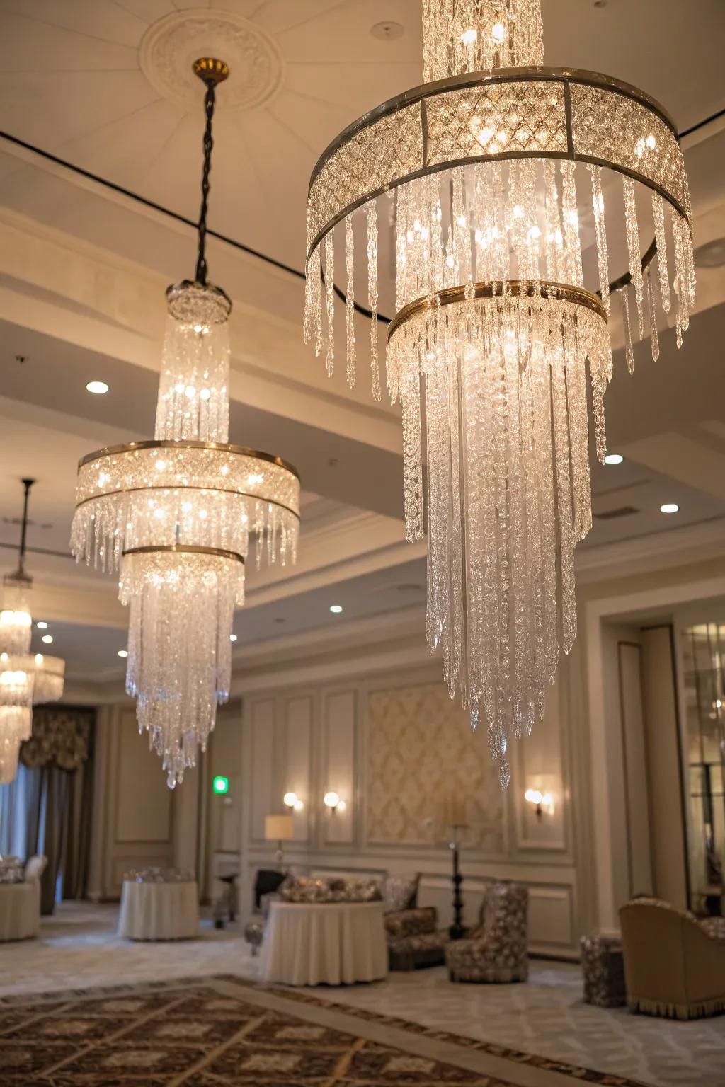 Icicle chandeliers add dramatic, elegant lighting.