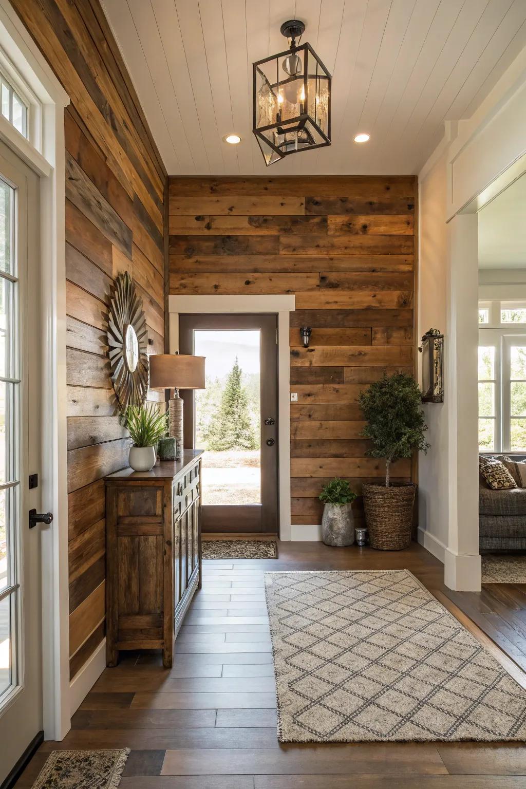 An elegant entryway featuring a bold wood accent wall.