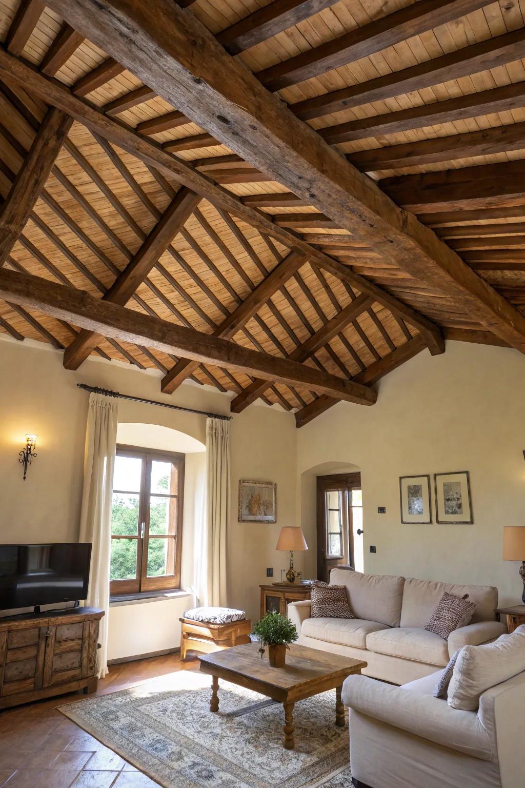 Artistic ceiling pattern created with wood beams.