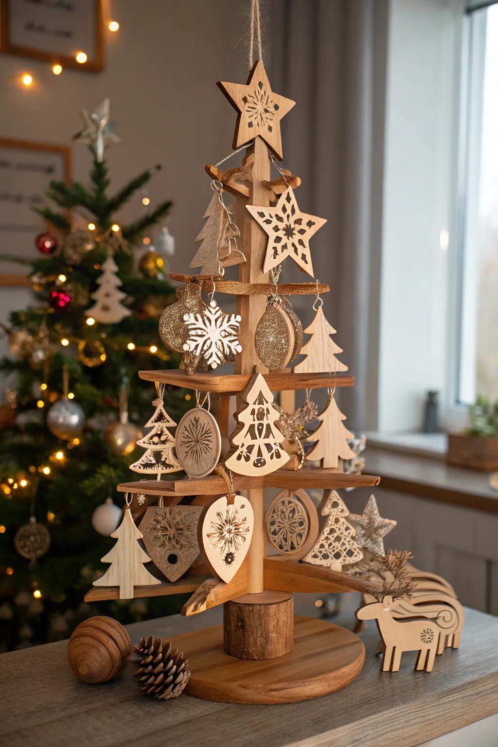 A whimsical tree adorned with charming wood carvings.