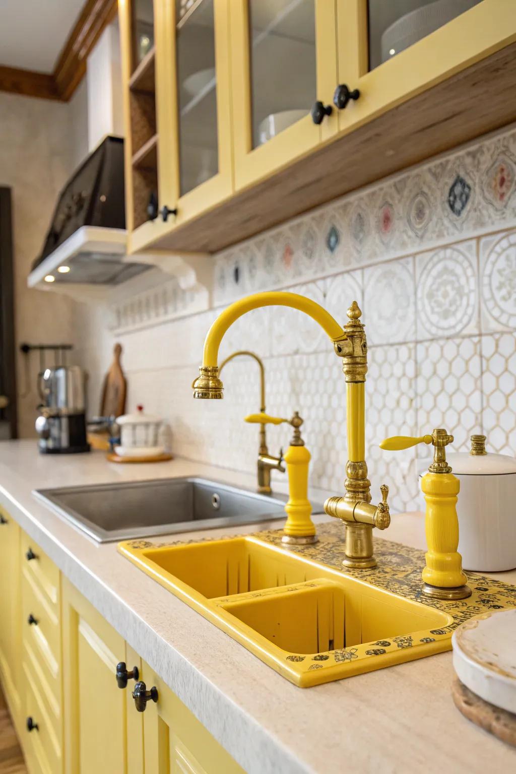 Unique yellow fixtures transform everyday elements into standout features.