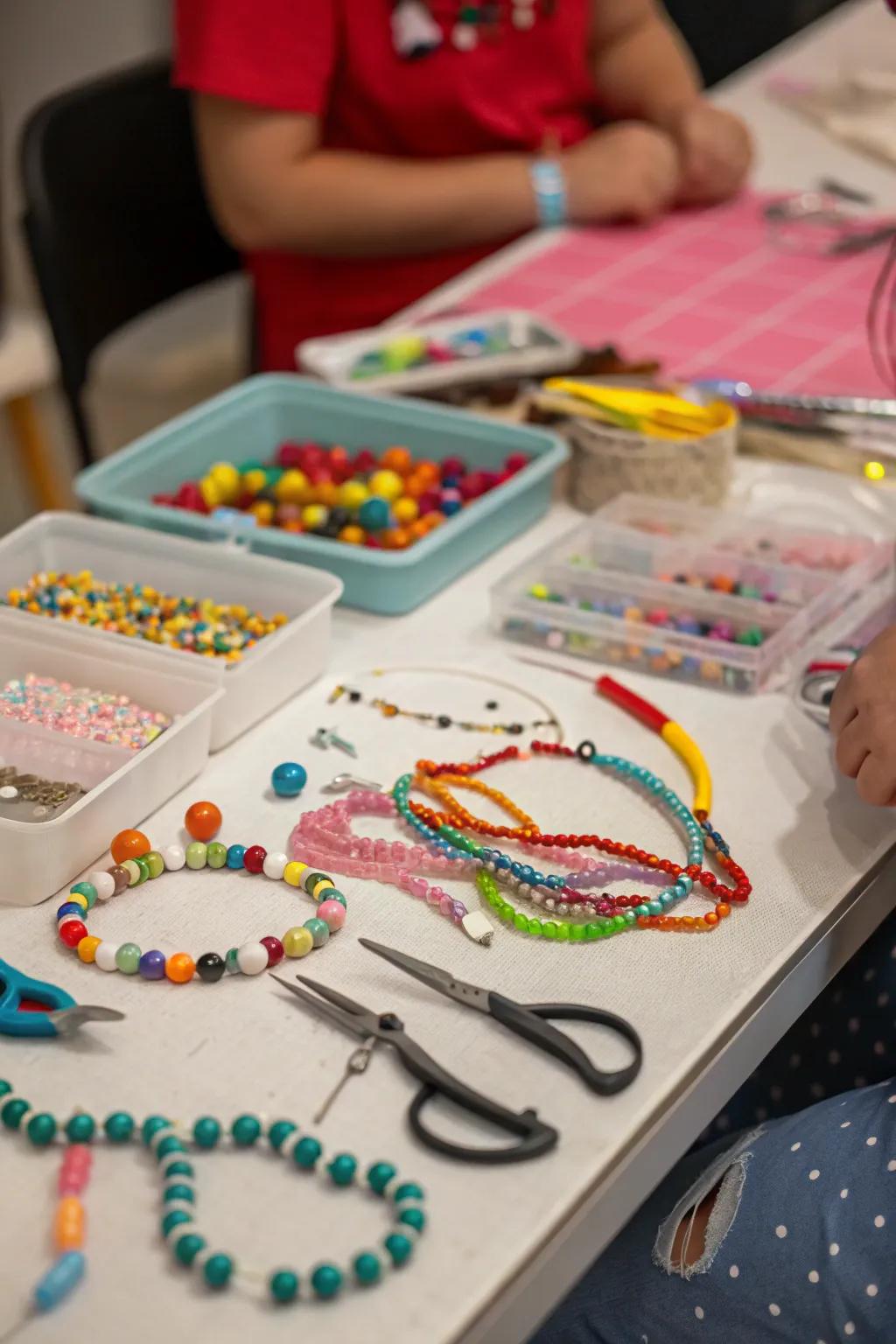 A jewelry-making station for creating personalized accessories.
