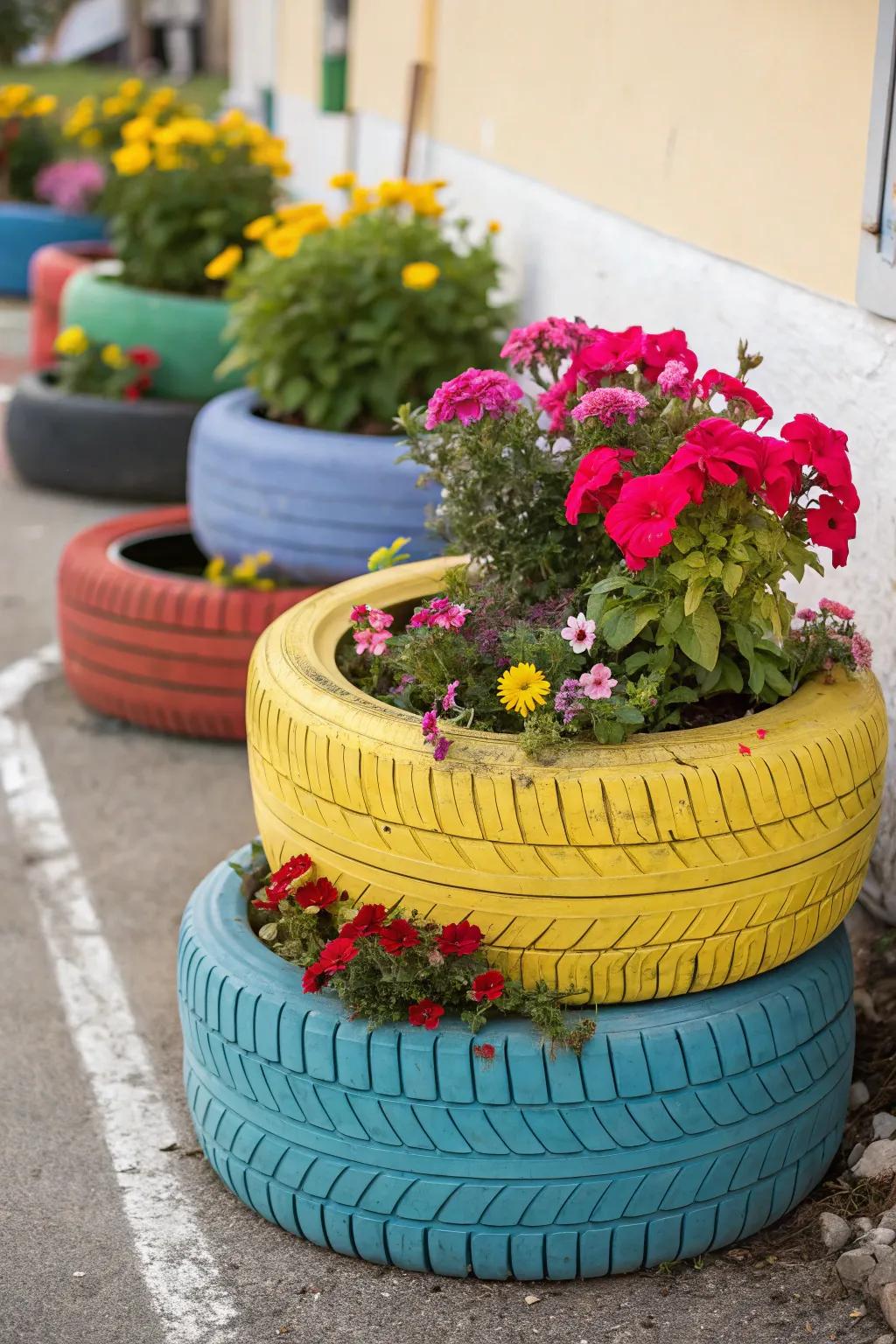 Old tires reborn as vibrant garden planters.