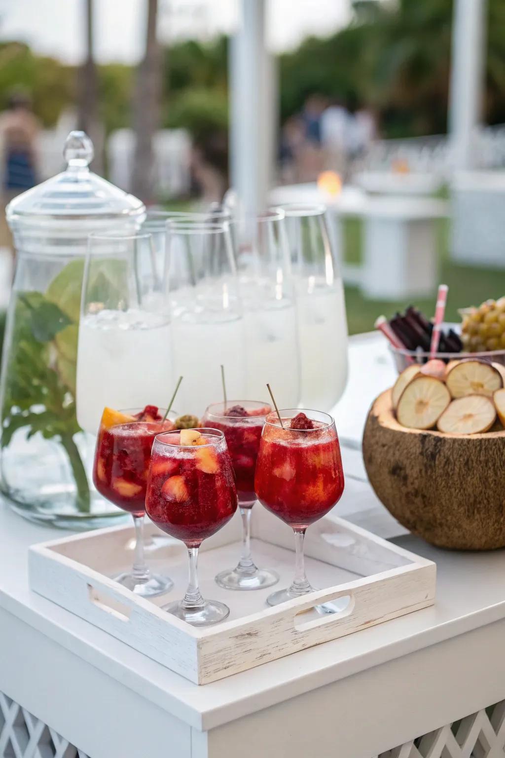 A drinks station offers refreshing options to complement the theme.