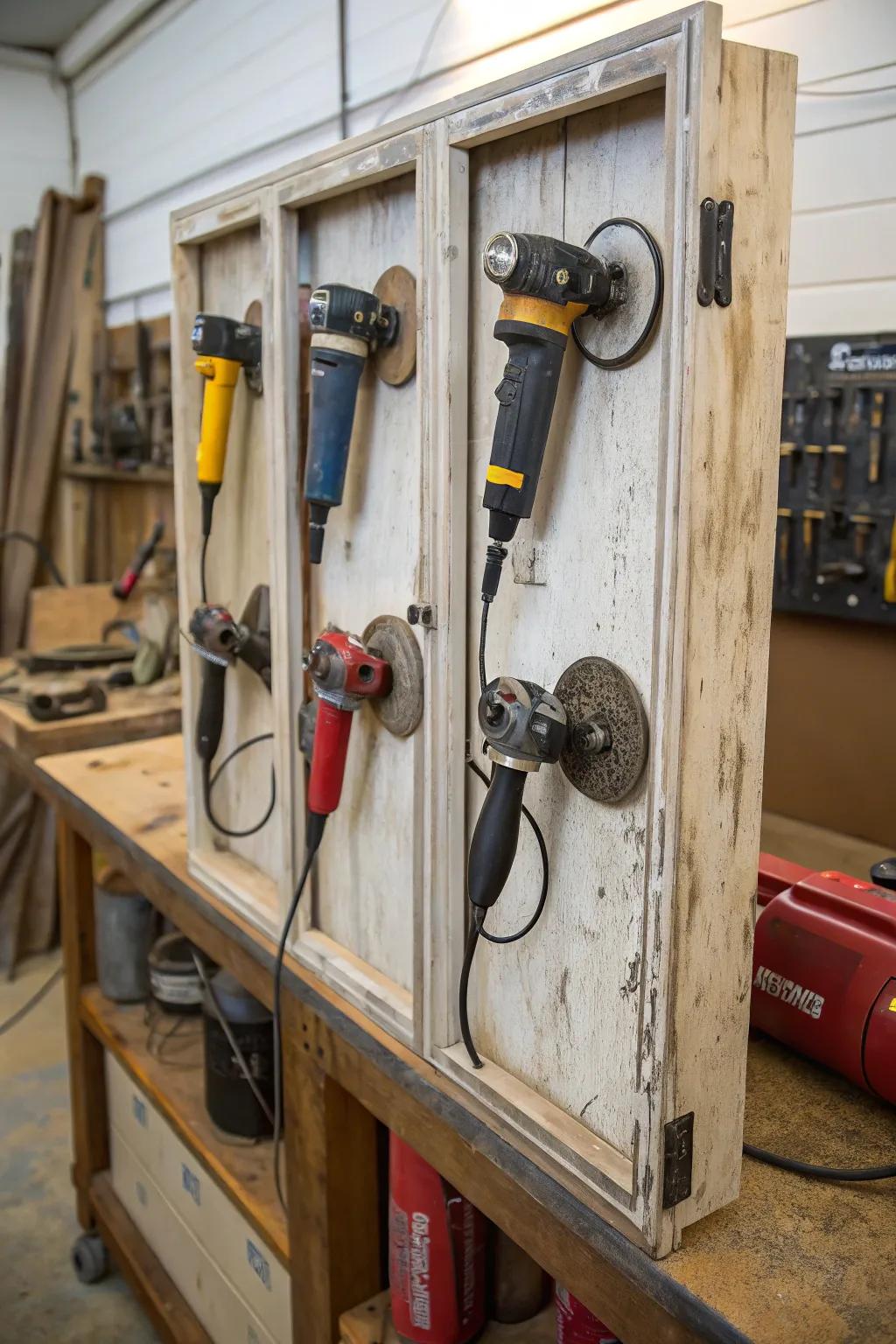 Eco-friendly repurposed cabinet doors for creative tool organization.