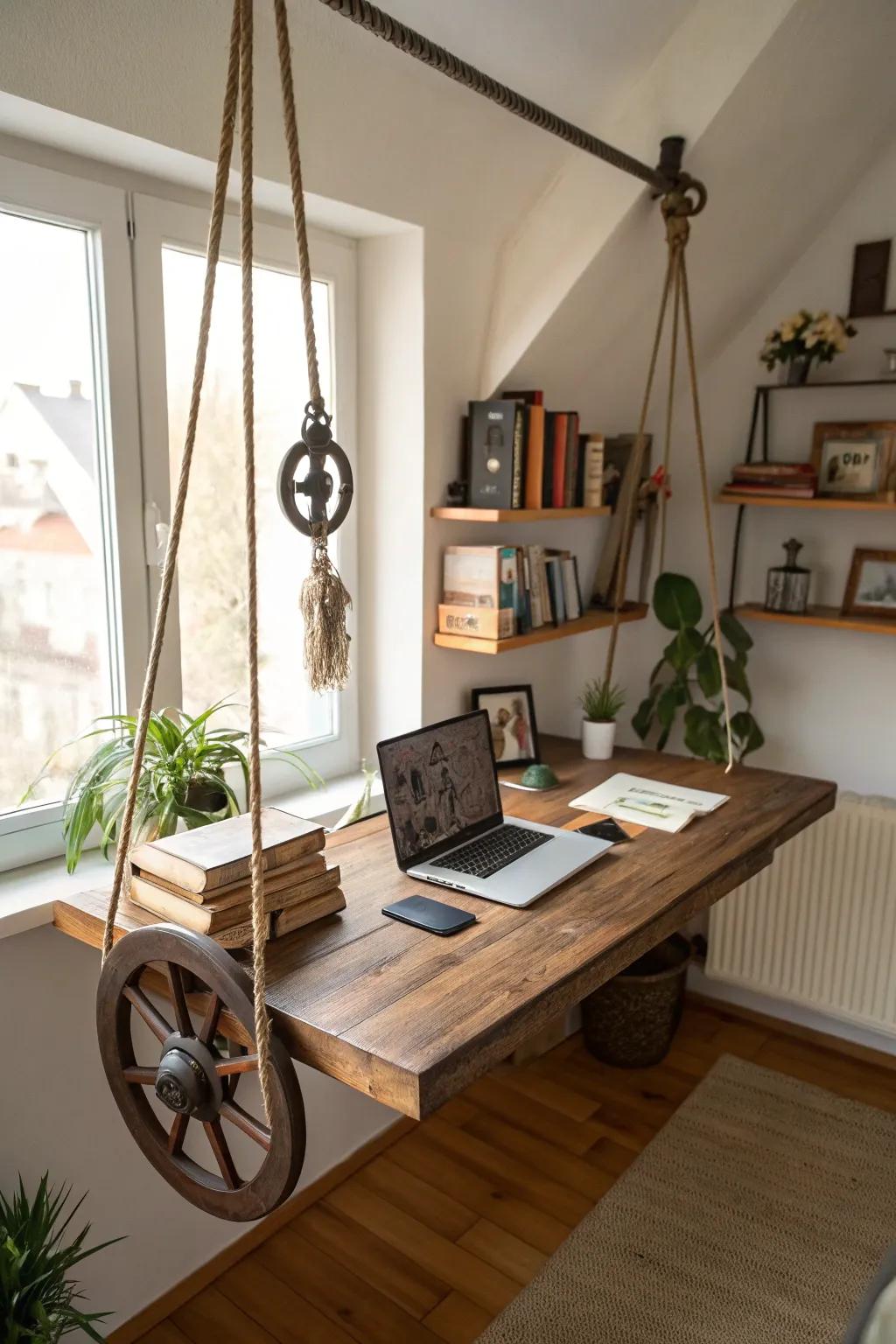 A floating desk brings innovation and style to compact living.