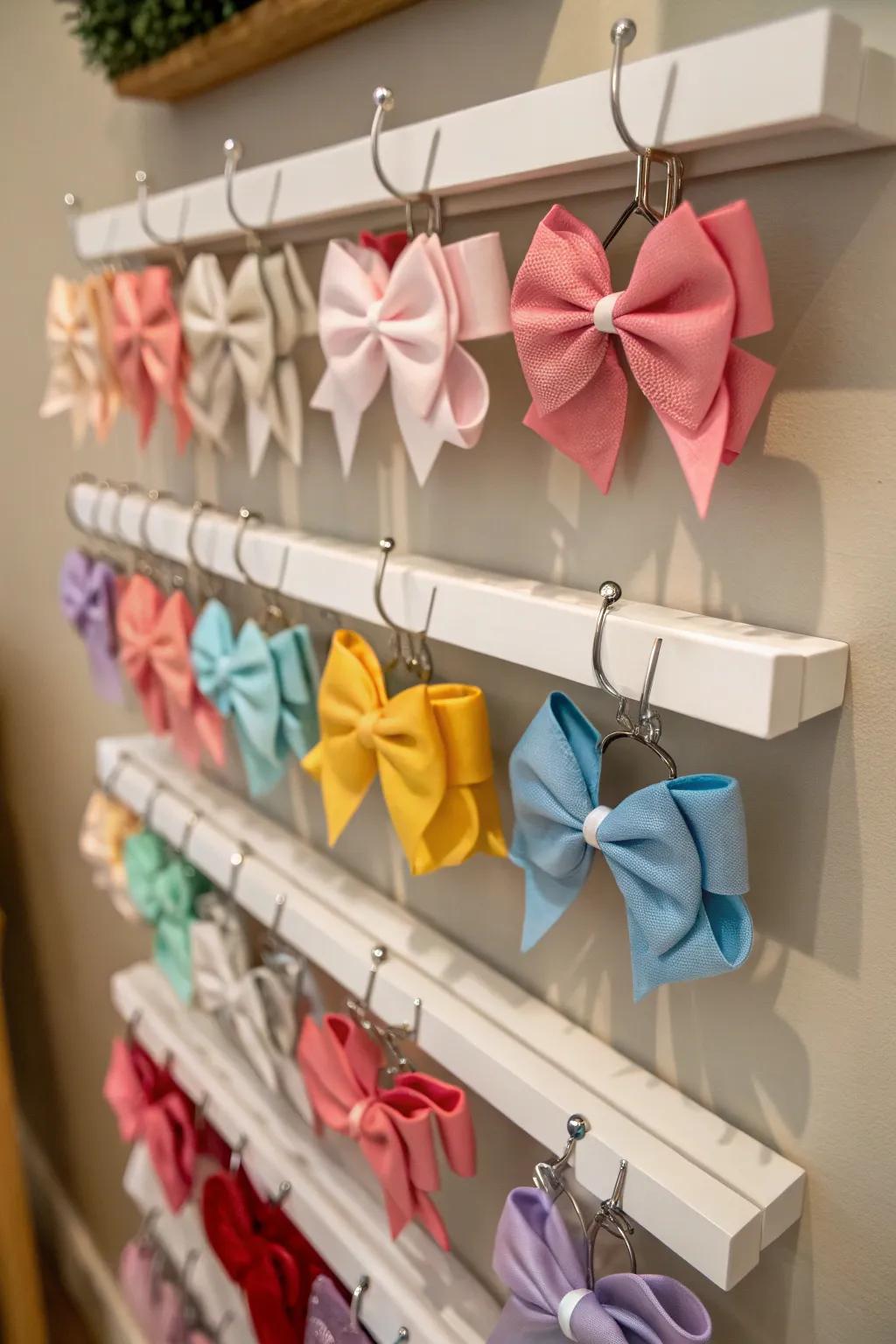 Stylish floating shelves with hooks for organizing baby bows.
