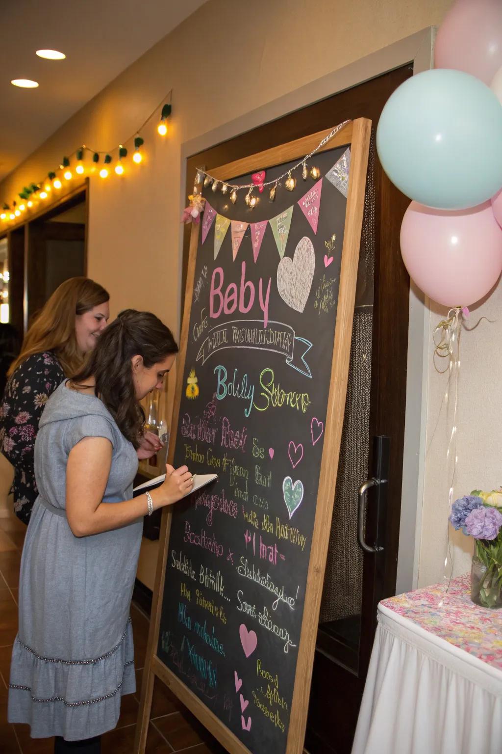 An interactive chalkboard engages guests with fun and personalized messages.