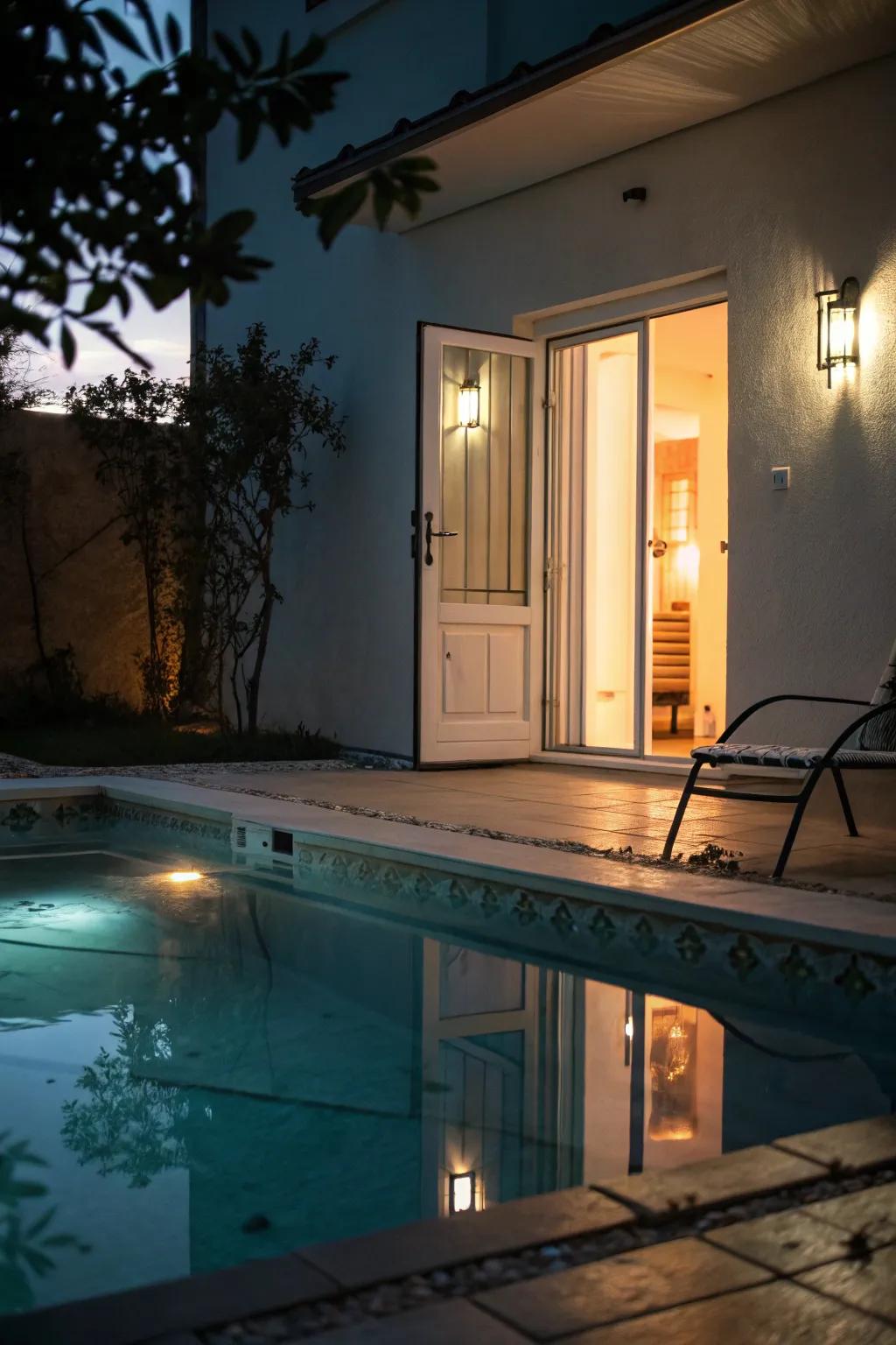 Reflective pool lighting adds elegance and ambiance to the area.