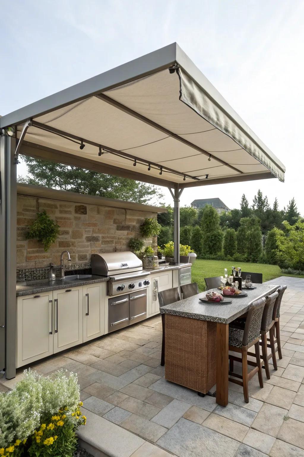 A convertible canopy offers year-round comfort in your outdoor kitchen.