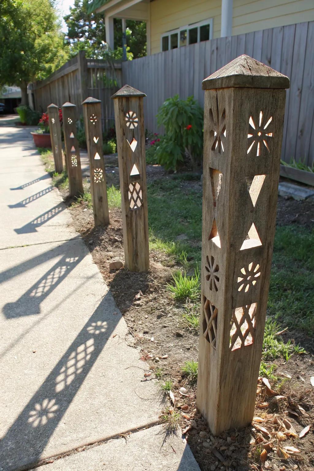 Play with light and shadow using geometric cutout posts.