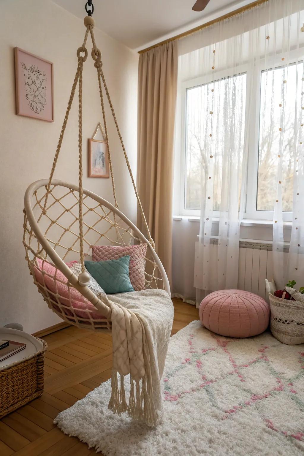 Hanging chairs add a playful, relaxing vibe.