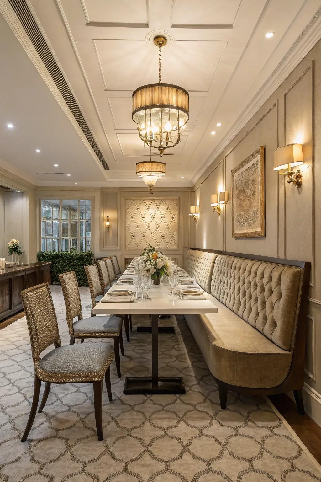 A refined dining room with symmetrical banquette seating maximizing space.