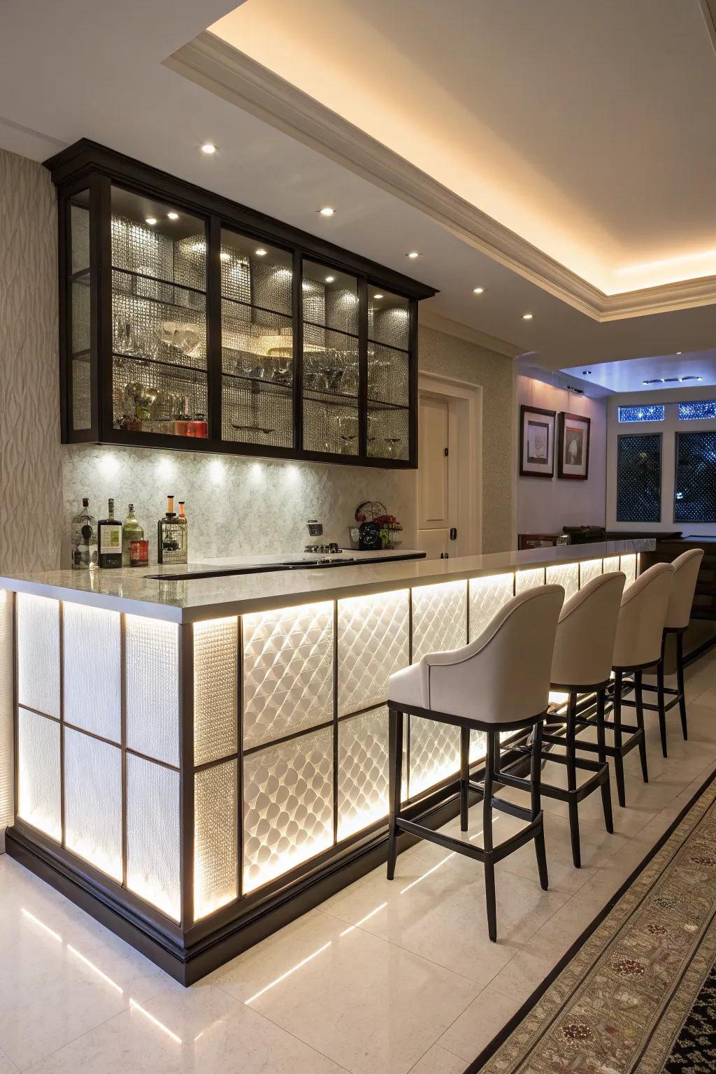 A home bar with a backlit panel backsplash in a modern setting.