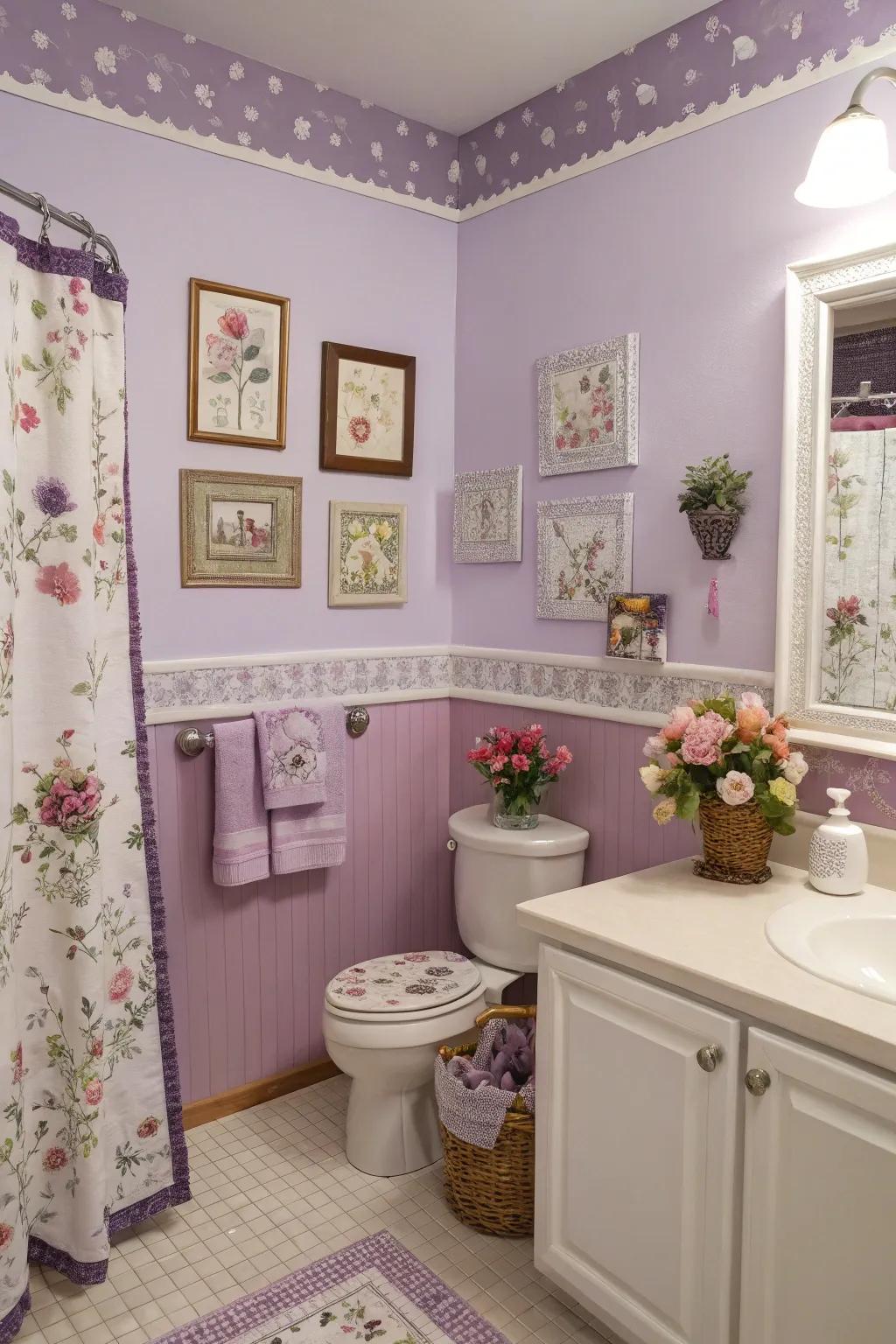 Lavender walls add a whimsical and soothing touch to the bathroom.