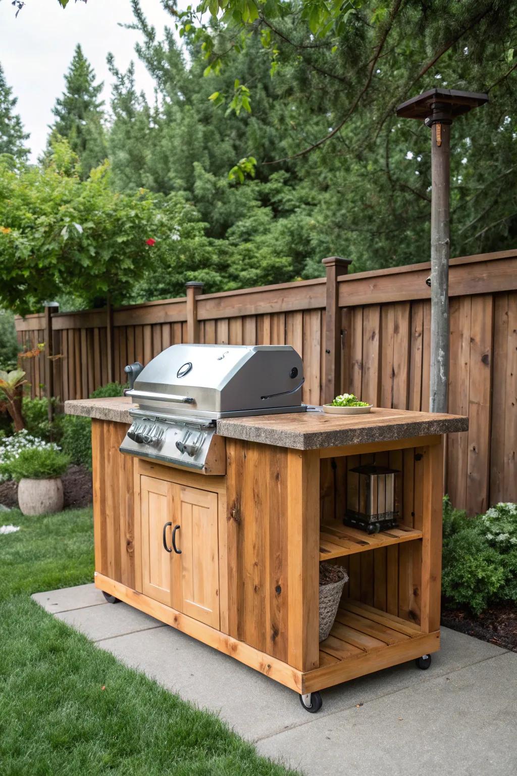 Add rustic charm with a wood-based BBQ island design.