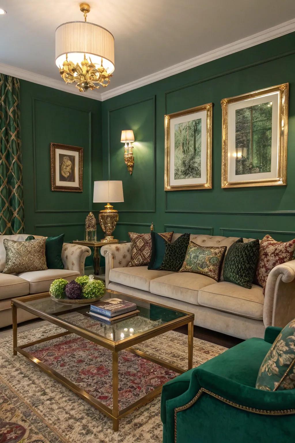 Emerald green walls create a luxurious and opulent atmosphere.