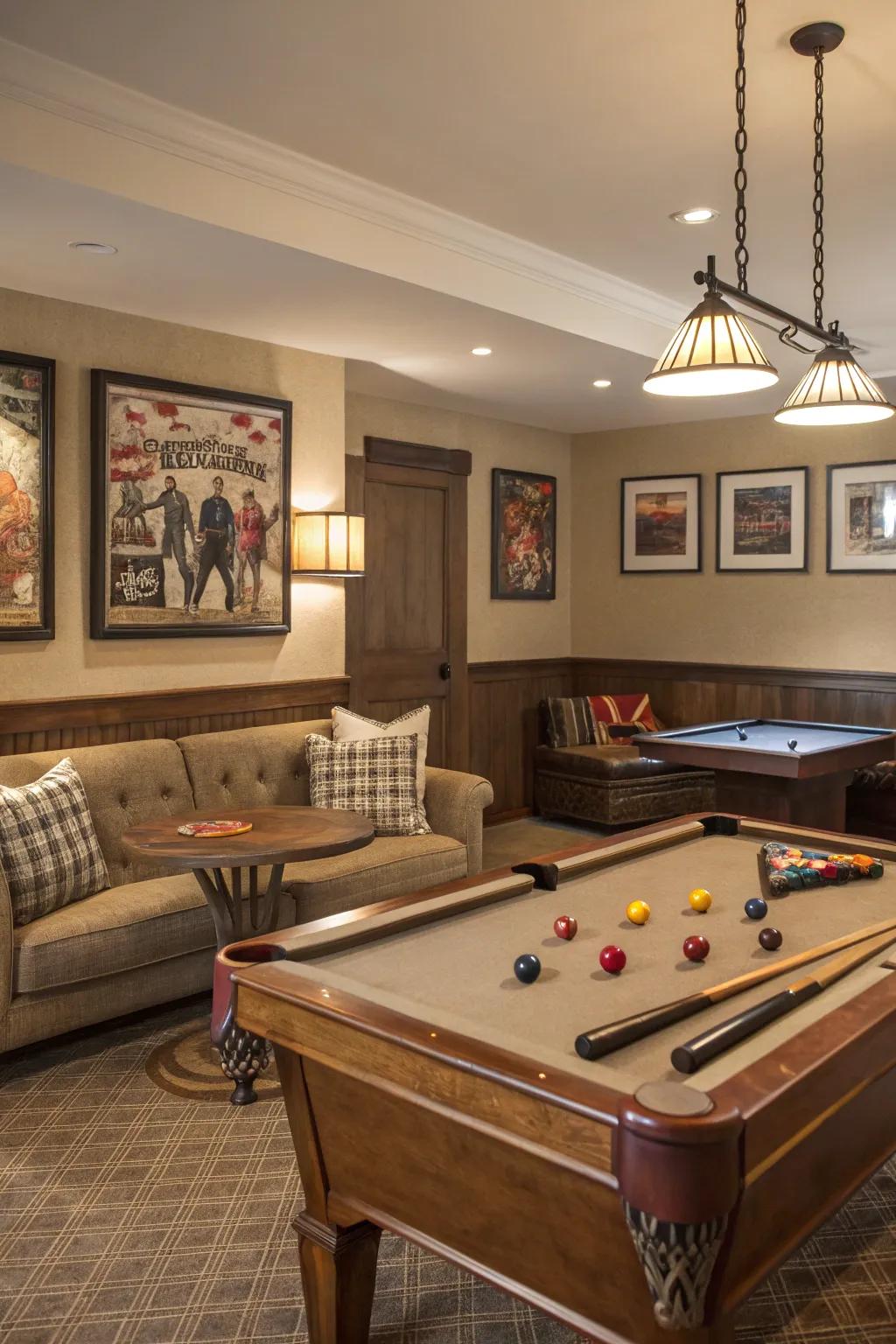 A cozy game nook providing alternative entertainment in a billiard room.