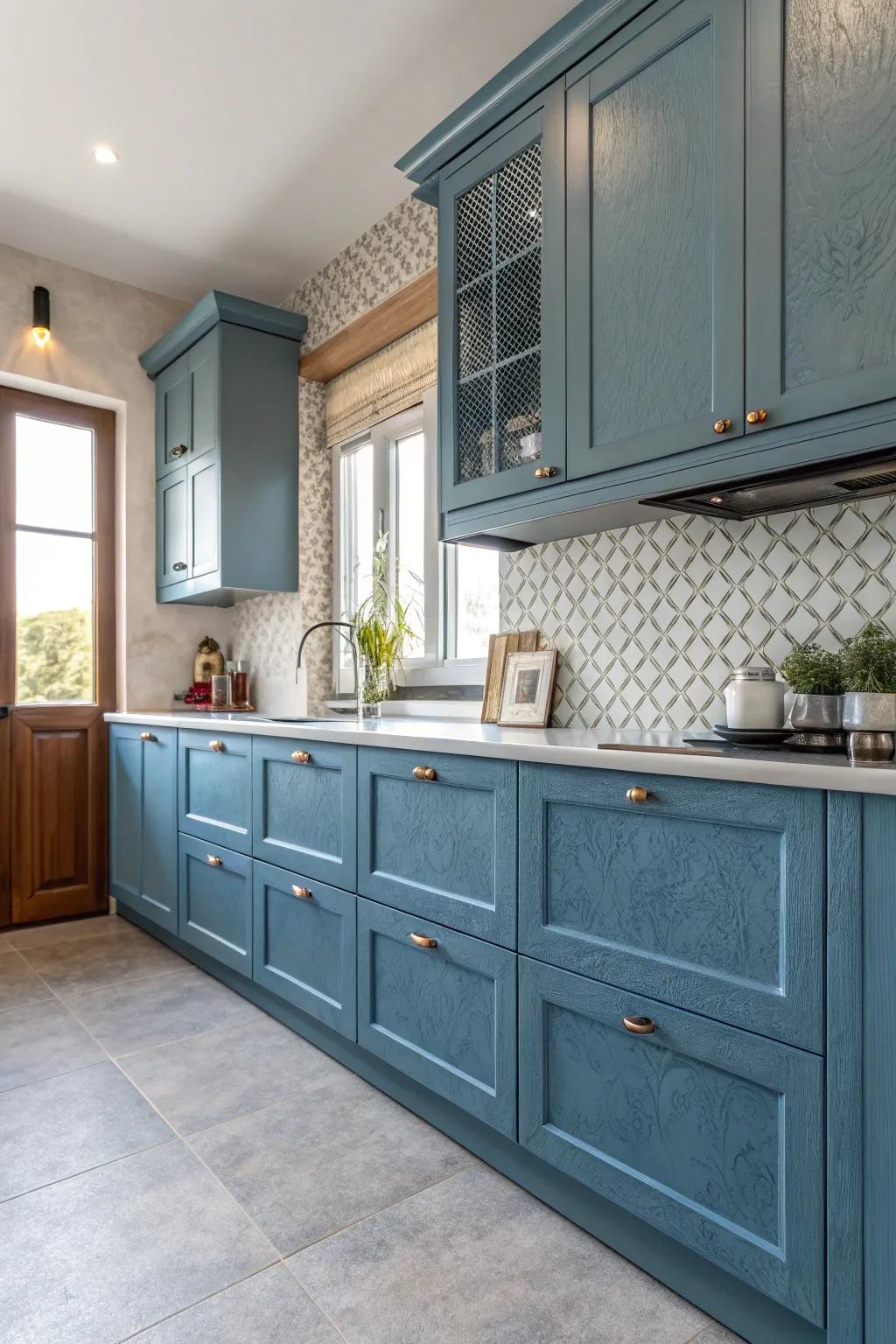 Textured surfaces on blue cabinets add depth and a tactile element to the kitchen.