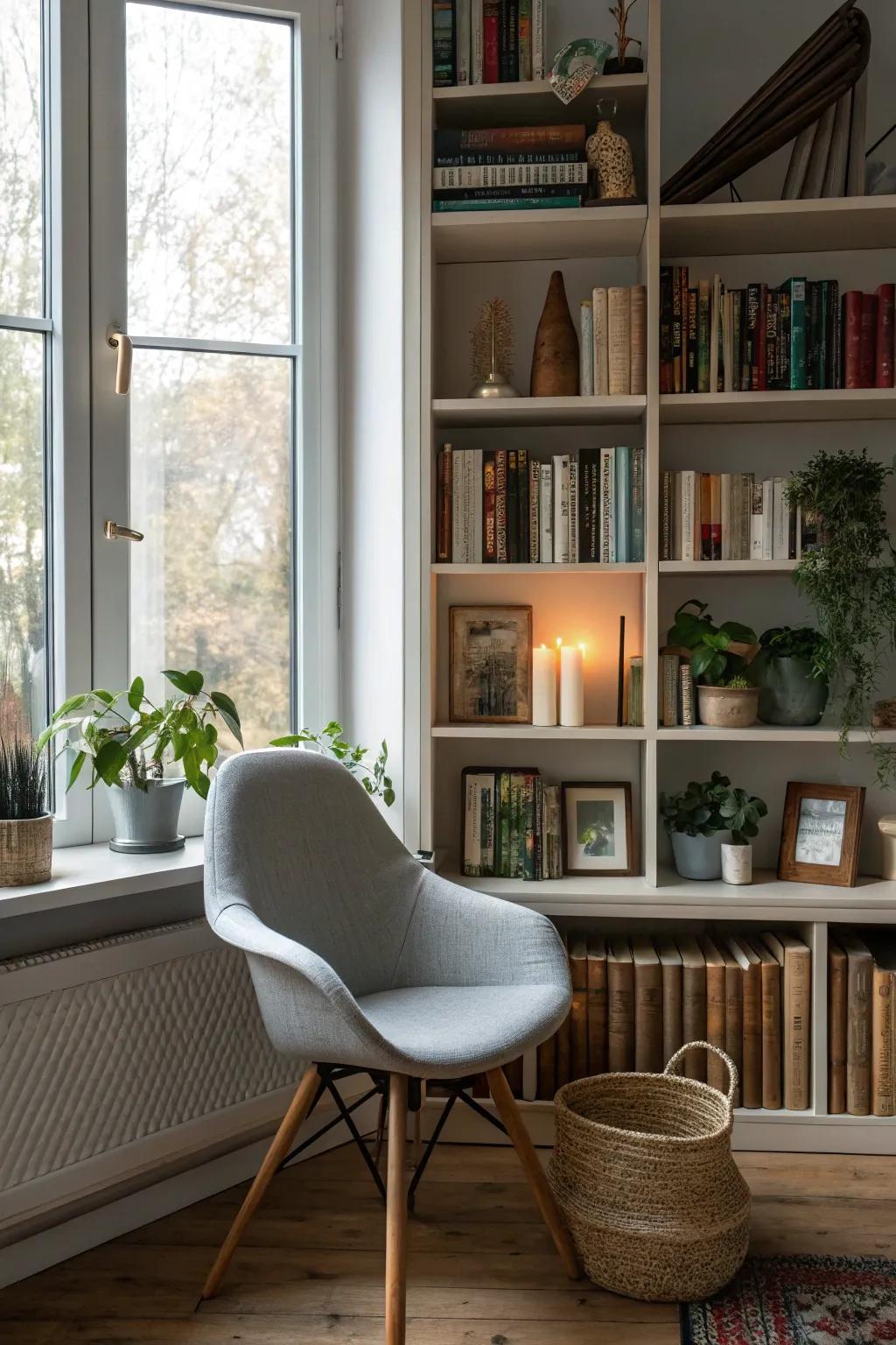 Infuse your bookshelves with artistic flair through creative arrangements.