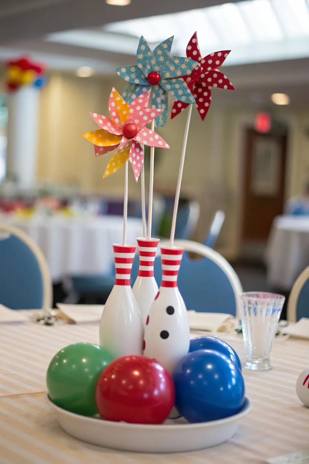 Playful pinwheels add whimsy to your bowling-themed centerpiece.