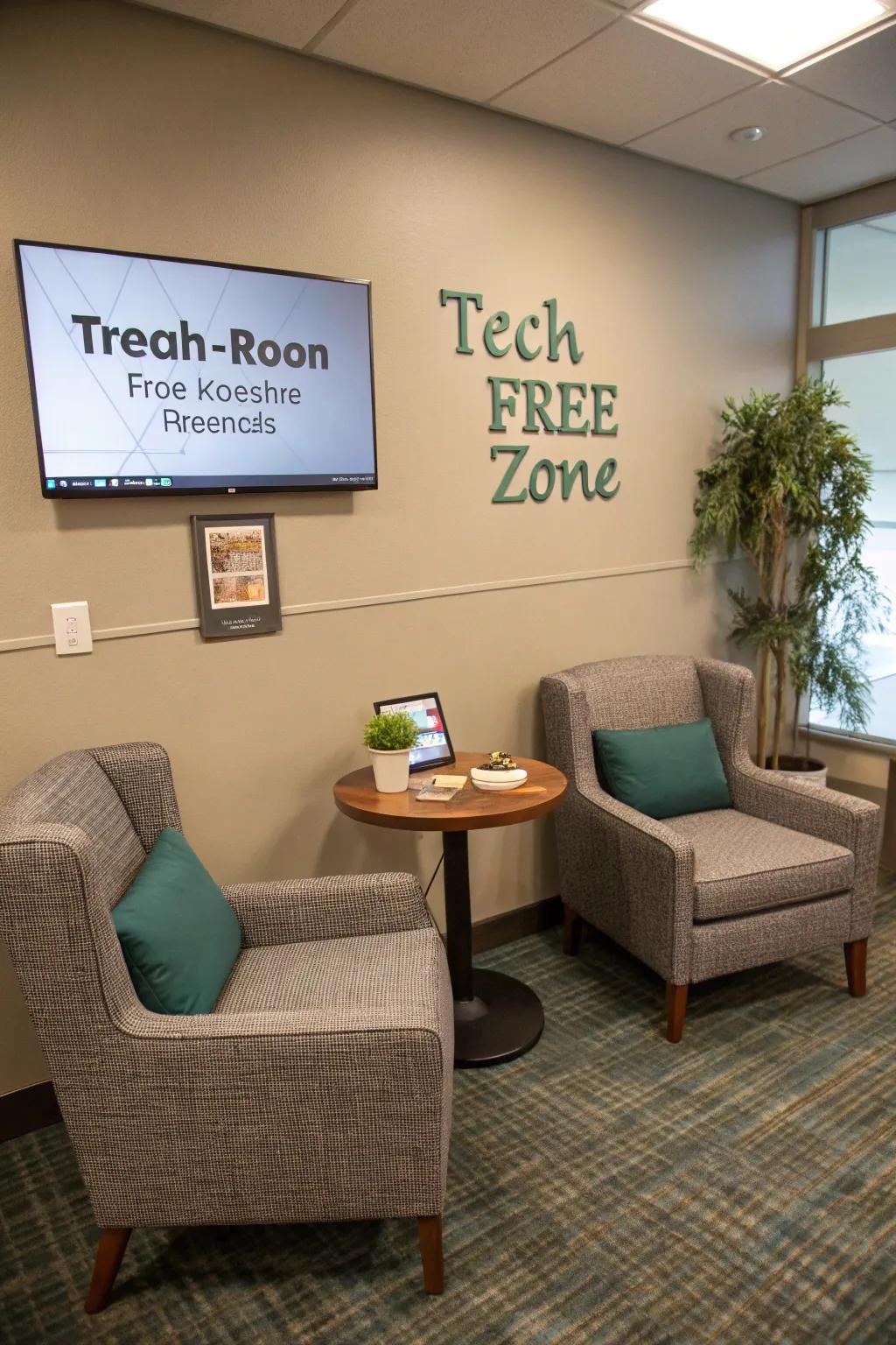 A tech-free zone encourages relaxation and face-to-face interaction.