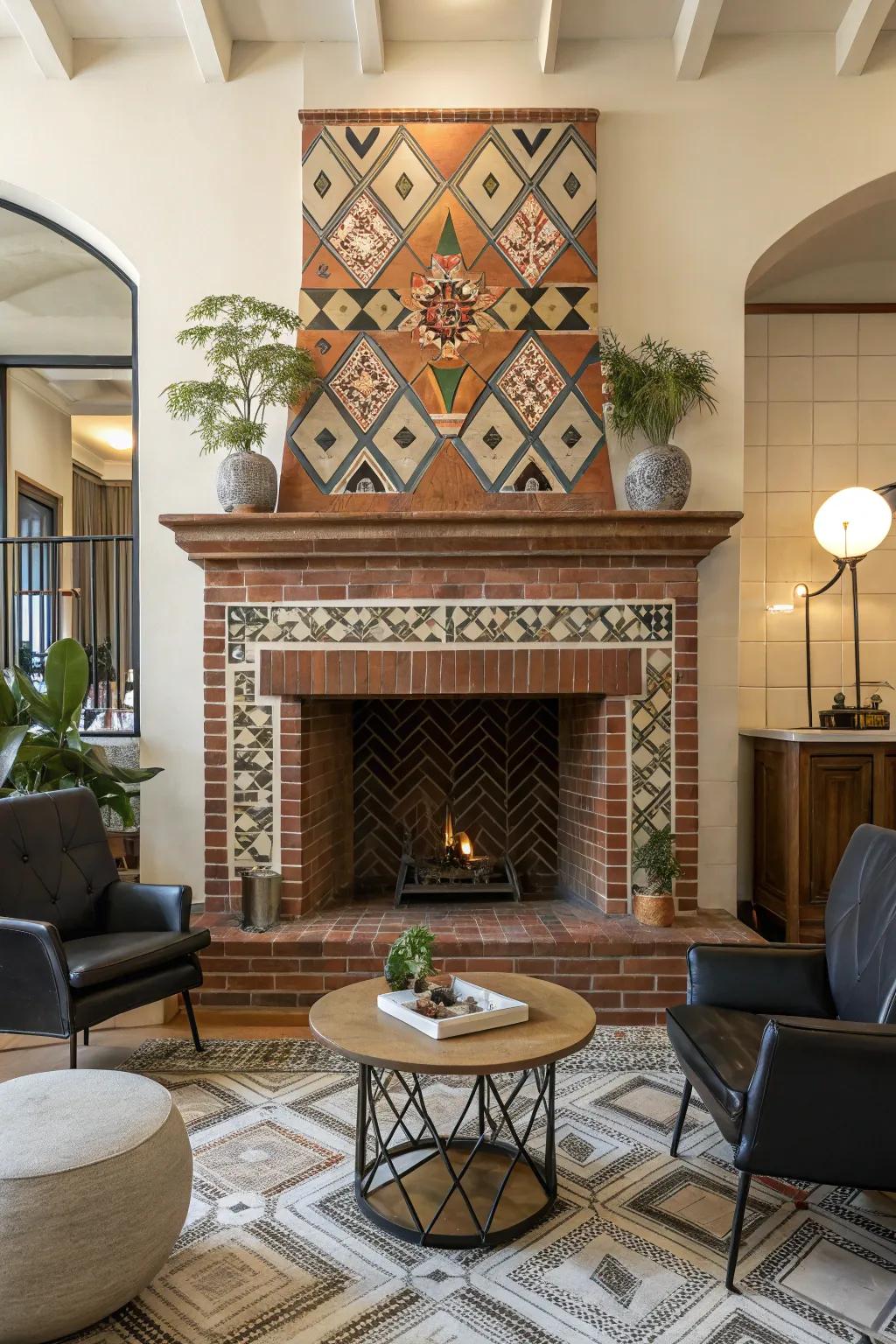 A modern brick hearth featuring geometric patterns for a contemporary touch.