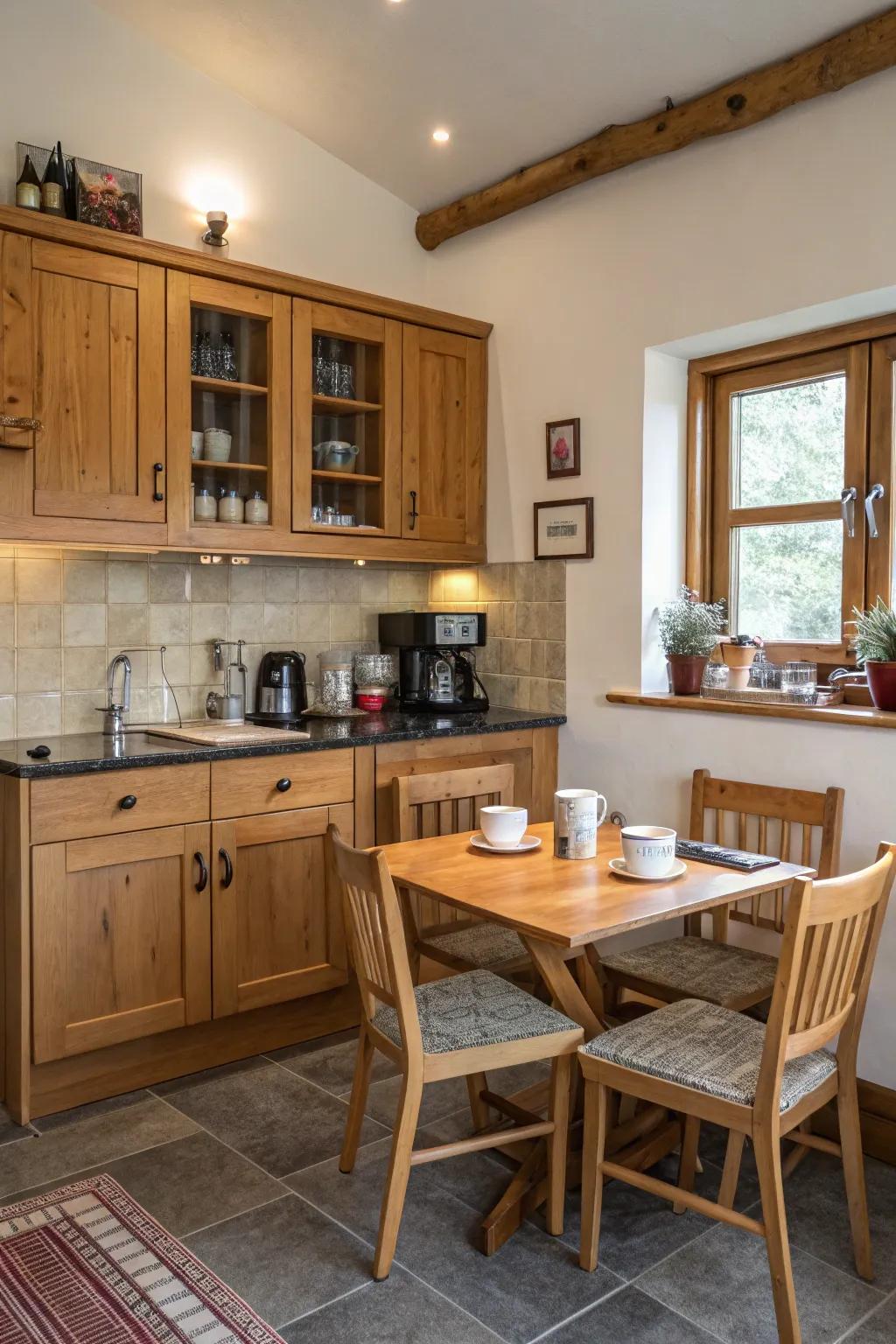 A bungalow kitchen featuring a delightful coffee corner for relaxation.