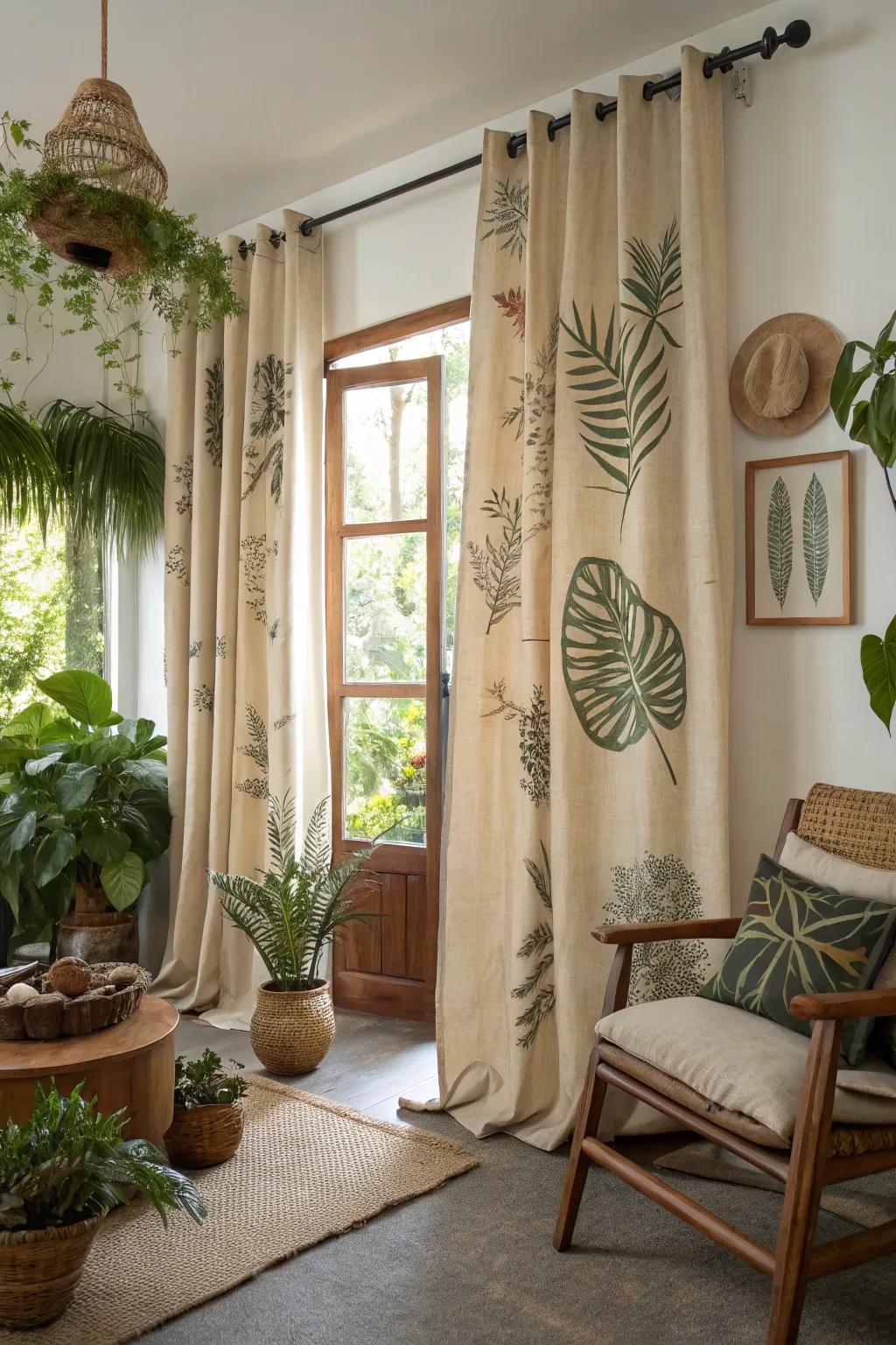 Nature-inspired elegance with botanical-print burlap curtains.