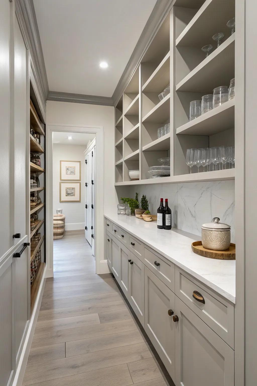 A minimalist butler's pantry with clean lines and a serene neutral palette.