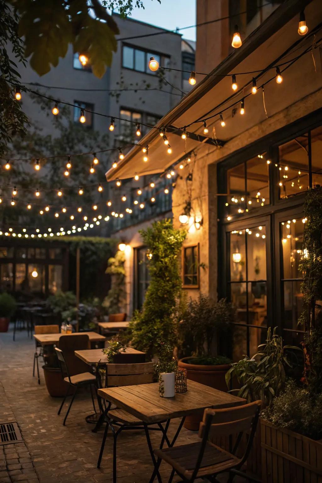 Flexible string lighting adding charm to both indoor and outdoor cafe areas.