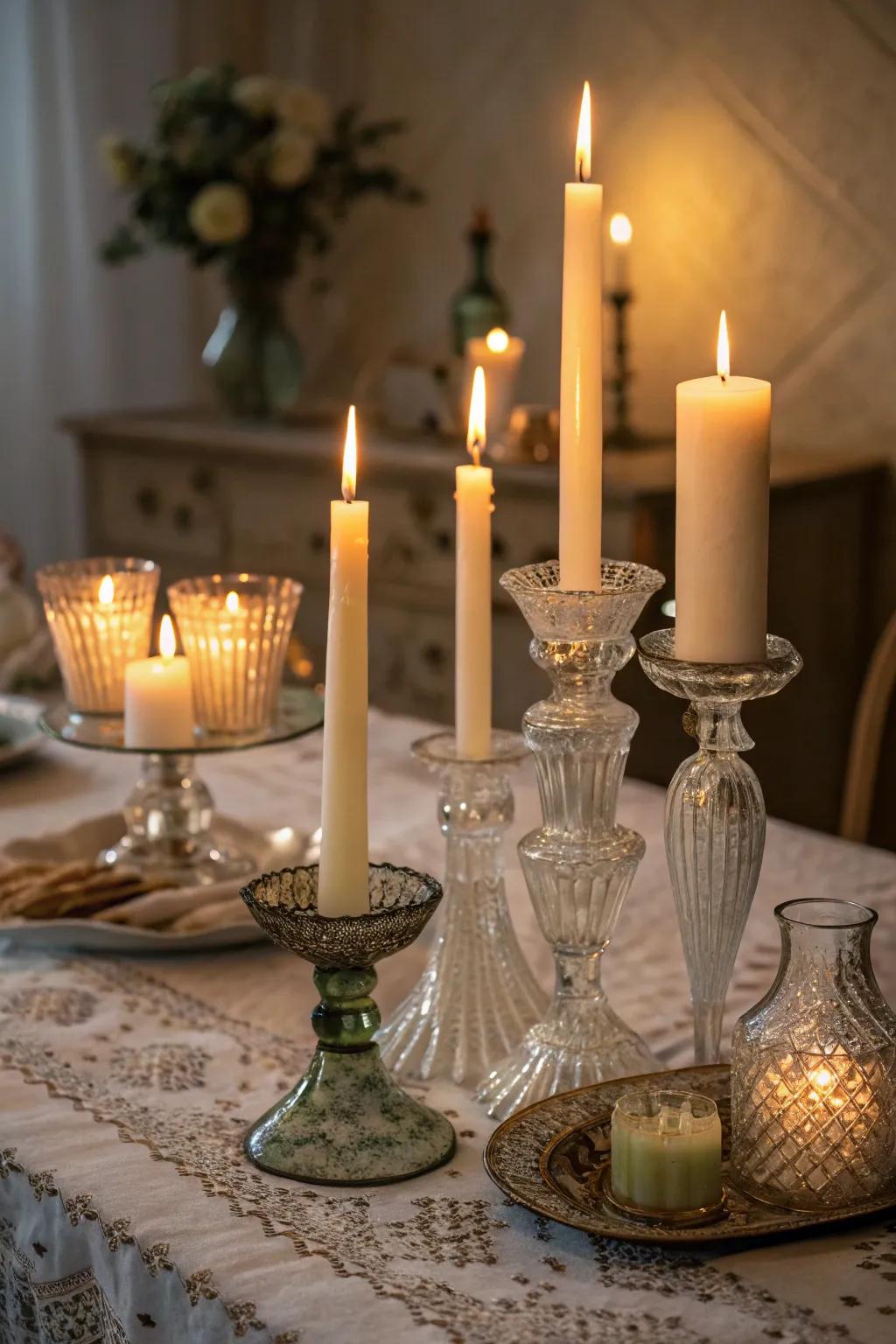 Charming candle cluster in eclectic vintage glassware.